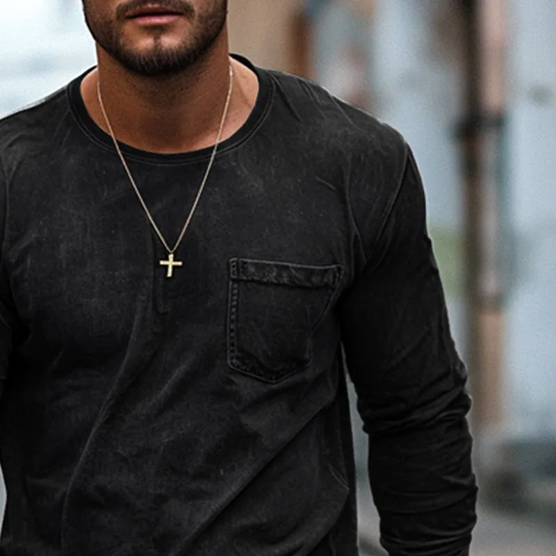 Men's Solid Color Vintage Long-sleeved Denim T-shirt 90573154X sold by Manly product image thumbnail 3