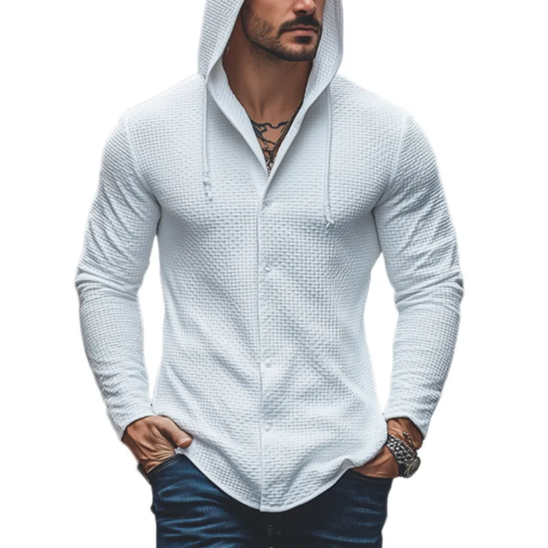 Men's Classic Casual Solid Color Slim Fit Hooded Waffle Long Sleeve Shirt 34383126K sold by Manly
