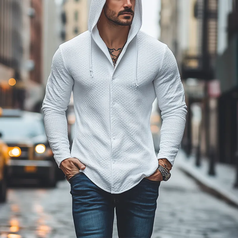 Men's Classic Casual Solid Color Slim Fit Hooded Waffle Long Sleeve Shirt 34383126K sold by Manly product image thumbnail 2