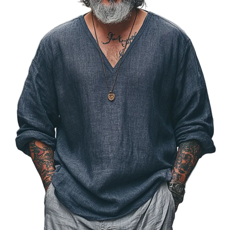 Men's Vintage Casual V-Neck Blended Long Sleeve T-Shirt 53057887F sold by Manly