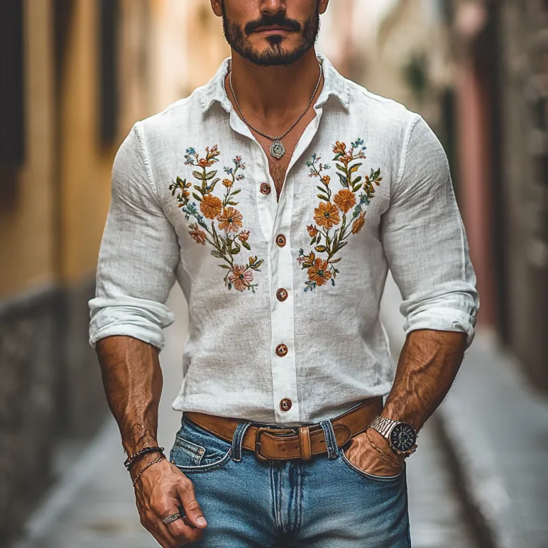 Men's Casual Linen Embroidered Lapel Slim Fit Long Sleeve Shirt 63864208M sold by Manly product image thumbnail 2