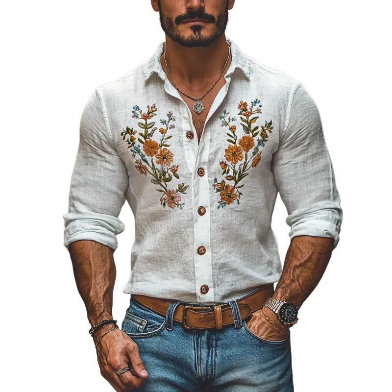 Men's Casual Linen Embroidered Lapel Slim Fit Long Sleeve Shirt 63864208M sold by Manly