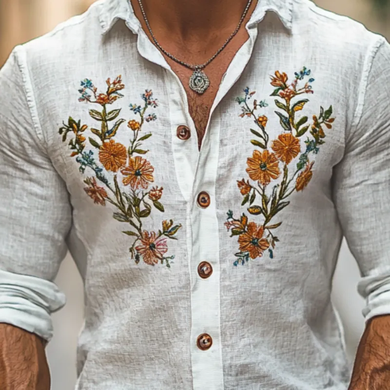 Men's Casual Linen Embroidered Lapel Slim Fit Long Sleeve Shirt 63864208M sold by Manly product image thumbnail 3