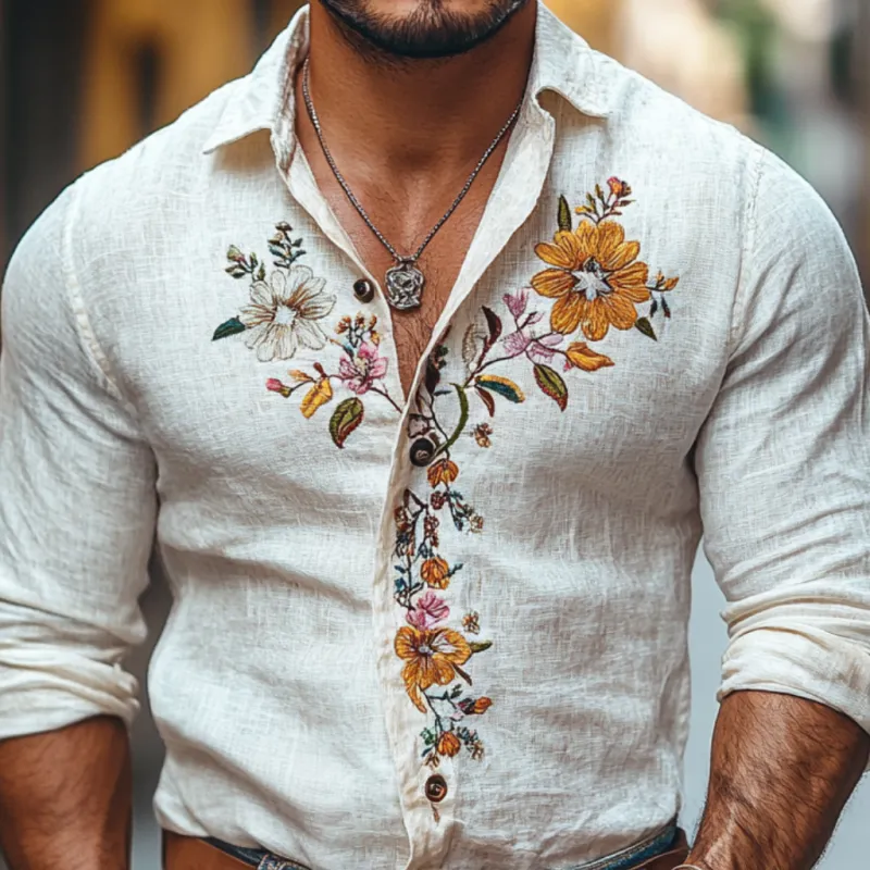 Men's Casual Linen Embroidered Lapel Slim Fit Long Sleeve Shirt 04940080M sold by Manly product image thumbnail 3