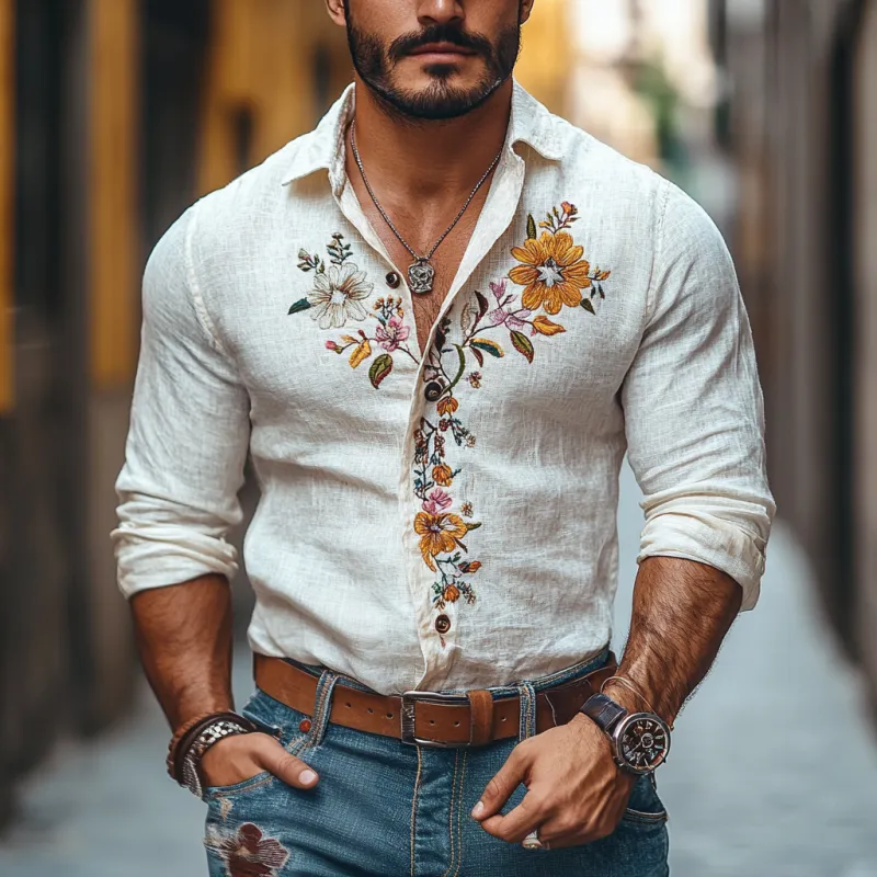 Men's Casual Linen Embroidered Lapel Slim Fit Long Sleeve Shirt 04940080M sold by Manly product image thumbnail 2