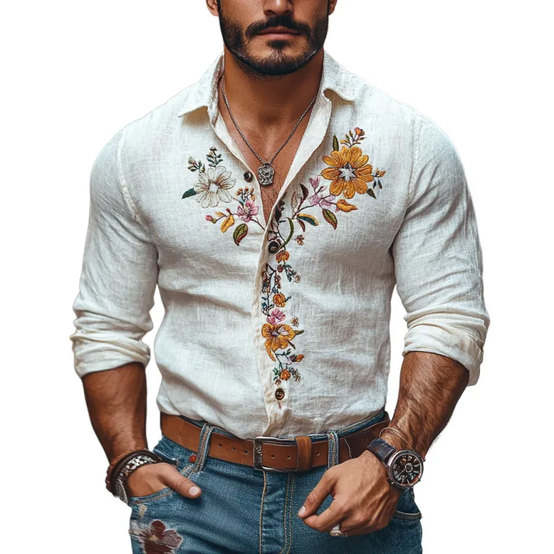 Men's Casual Linen Embroidered Lapel Slim Fit Long Sleeve Shirt 04940080M sold by Manly