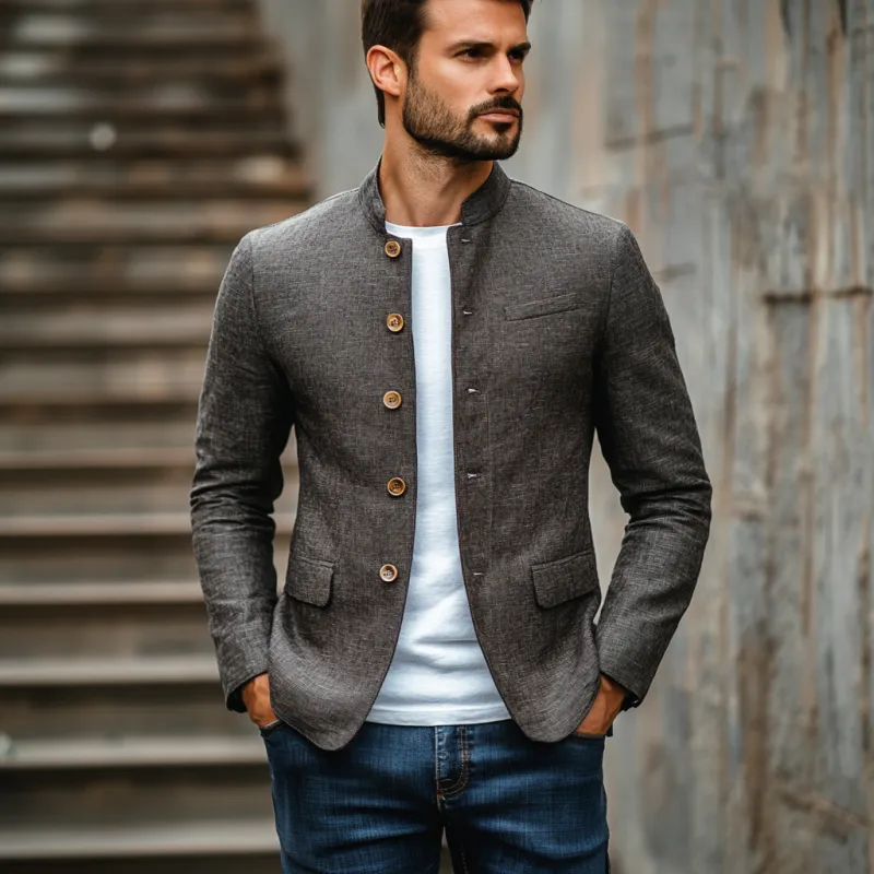 Men's Casual Linen Stand Collar Single Breasted Slim Fit Blazer 38113220M sold by Manly product image thumbnail 3