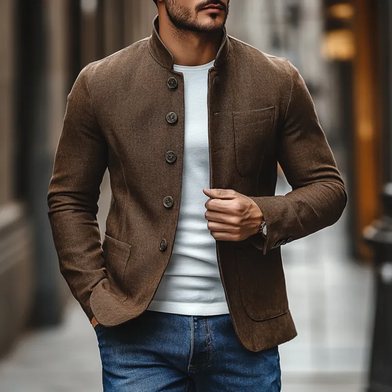 Men's Casual Linen Stand Collar Single Breasted Slim Fit Blazer 14232806M sold by Manly product image thumbnail 2