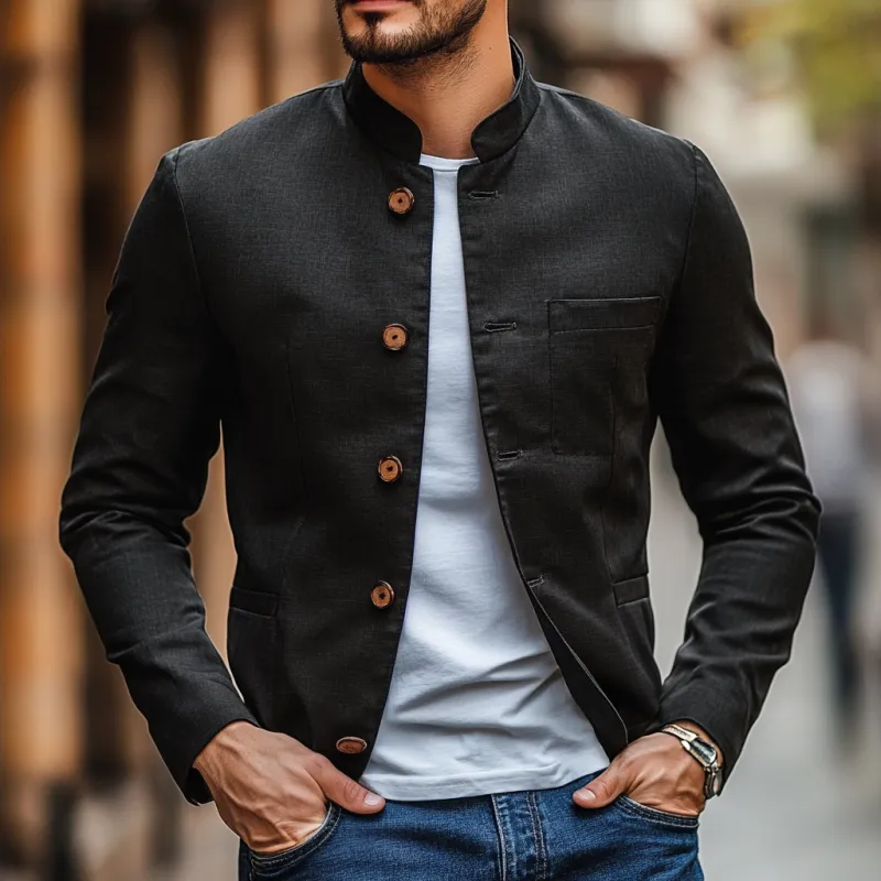 Men's Casual Linen Stand Collar Single Breasted Slim Fit Blazer 24601897M sold by Manly product image thumbnail 2