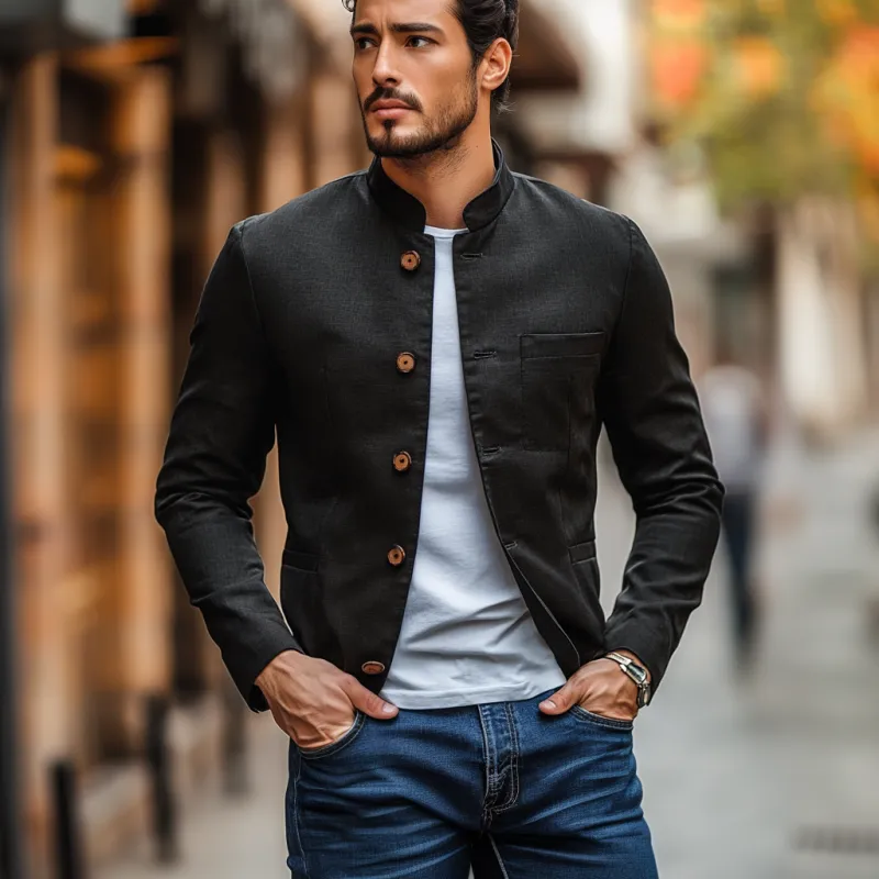 Men's Casual Linen Stand Collar Single Breasted Slim Fit Blazer 24601897M sold by Manly product image thumbnail 3