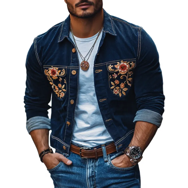 Men's Casual Corduroy Embroidered Lapel Single Breasted Slim Shirt Jacket 99984152M sold by Manly