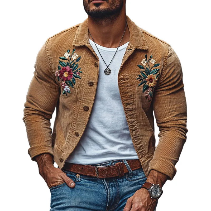Men's Casual Corduroy Embroidered Lapel Single-breasted Slim-fit Shirt 62406221M sold by Manly