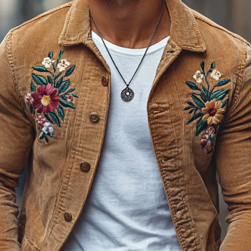Men's Casual Corduroy Embroidered Lapel Single-breasted Slim-fit Shirt 62406221M sold by Manly product image thumbnail 3