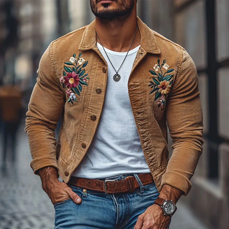 Men's Casual Corduroy Embroidered Lapel Single-breasted Slim-fit Shirt 62406221M sold by Manly product image thumbnail 2