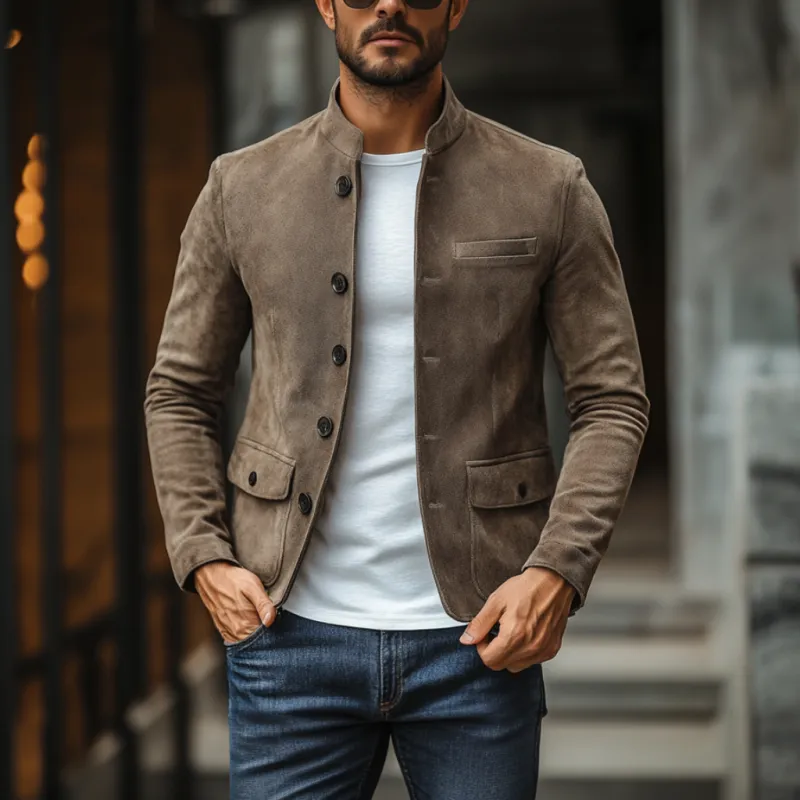 Men's Casual Suede Stand Collar Single Breasted Multi-pocket Slim Fit Blazer 84046463M sold by Manly product image thumbnail 3