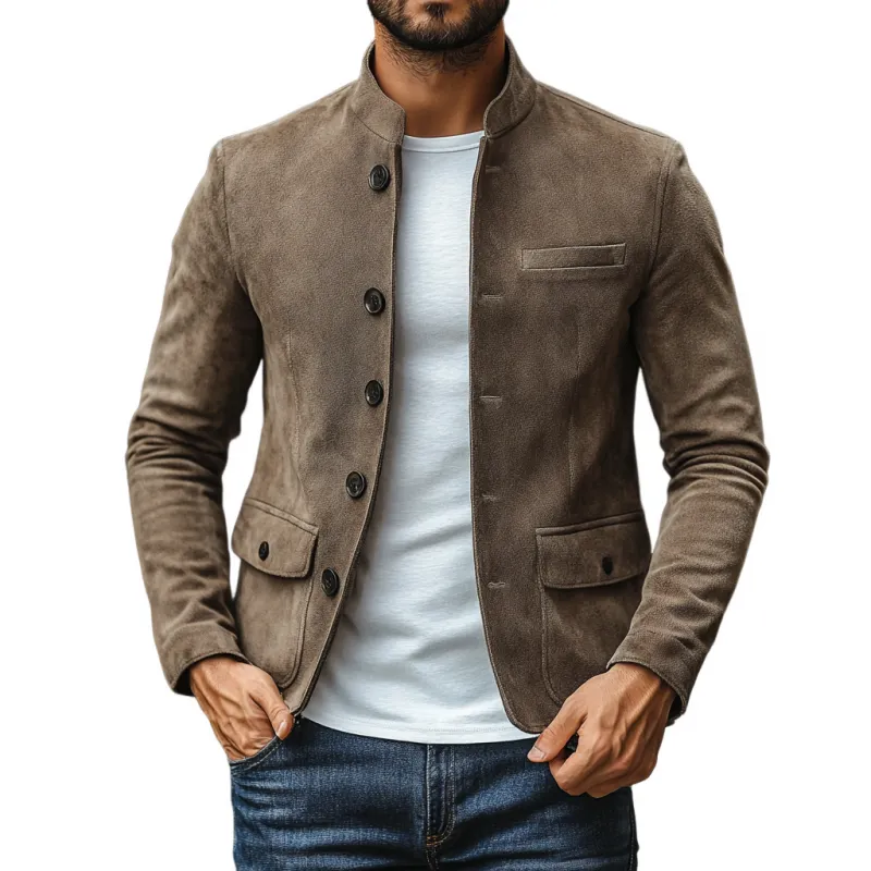 Men's Casual Suede Stand Collar Single Breasted Multi-pocket Slim Fit Blazer 84046463M sold by Manly