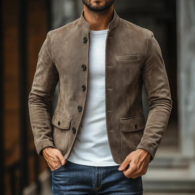 Men's Casual Suede Stand Collar Single Breasted Multi-pocket Slim Fit Blazer 84046463M sold by Manly product image thumbnail 2