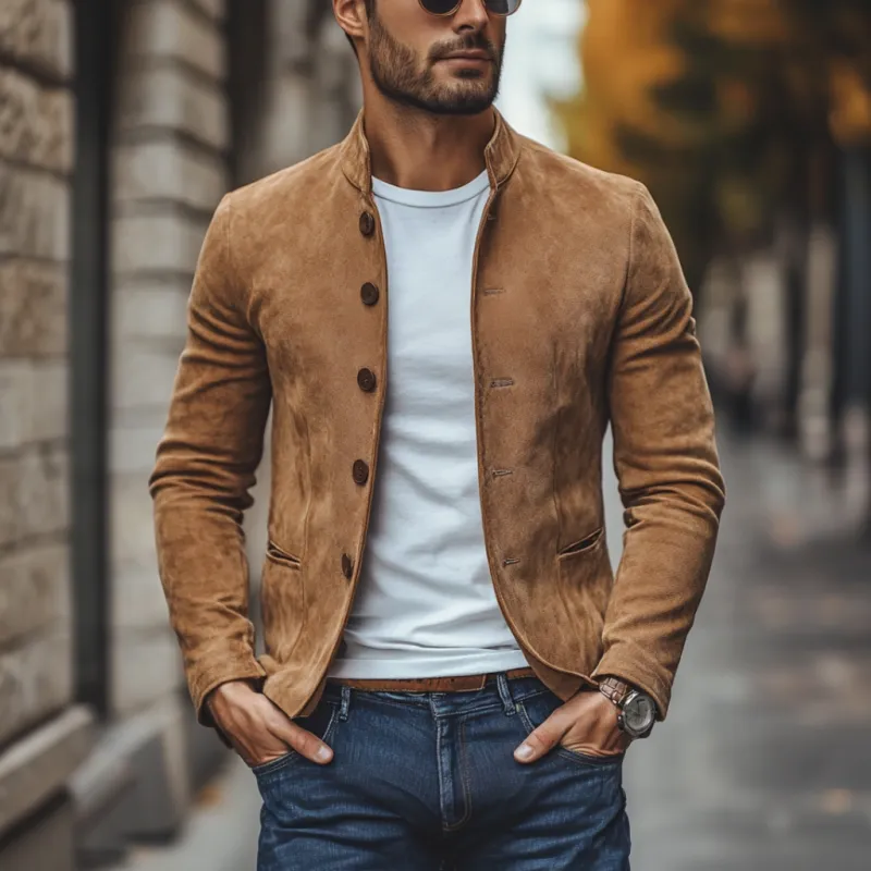 Men's Casual Suede Stand Collar Single Breasted Slim Fit Blazer 10616481M sold by Manly product image thumbnail 3