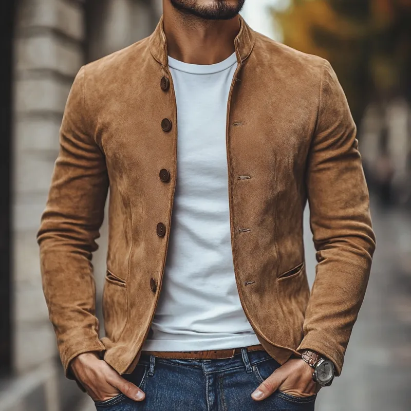 Men's Casual Suede Stand Collar Single Breasted Slim Fit Blazer 10616481M sold by Manly product image thumbnail 2