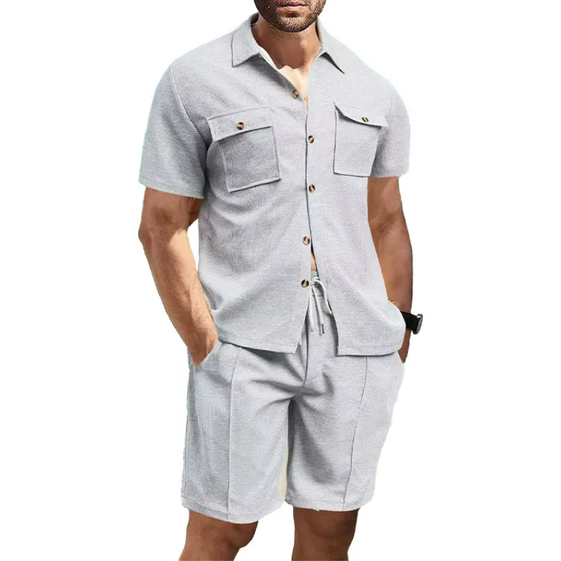 Men's Casual Waffle Lapel Chest Pocket Short Sleeve Shirt Elastic Waist Shorts Set 97455459M sold by Manly