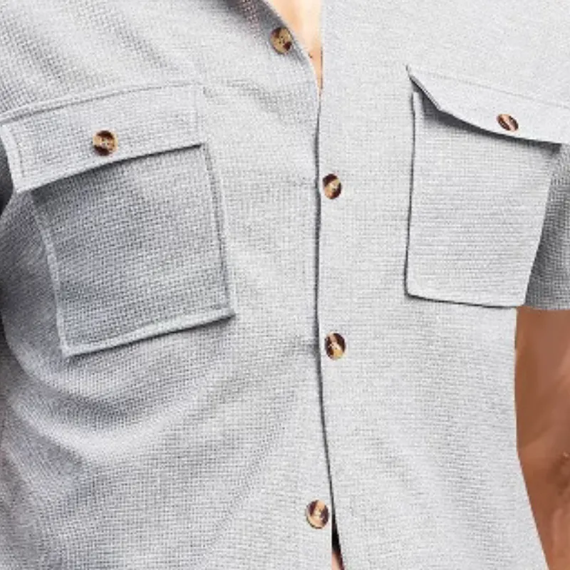 Men's Casual Waffle Lapel Chest Pocket Short Sleeve Shirt Elastic Waist Shorts Set 97455459M sold by Manly product image thumbnail 4