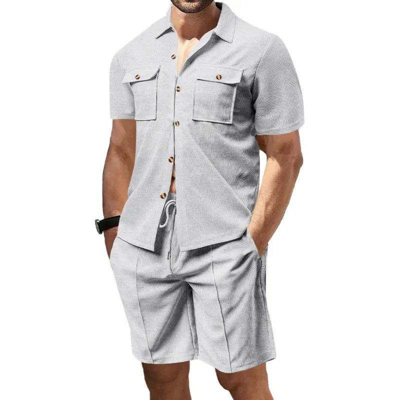Men's Casual Waffle Lapel Chest Pocket Short Sleeve Shirt Elastic Waist Shorts Set 97455459M sold by Manly product image thumbnail 3