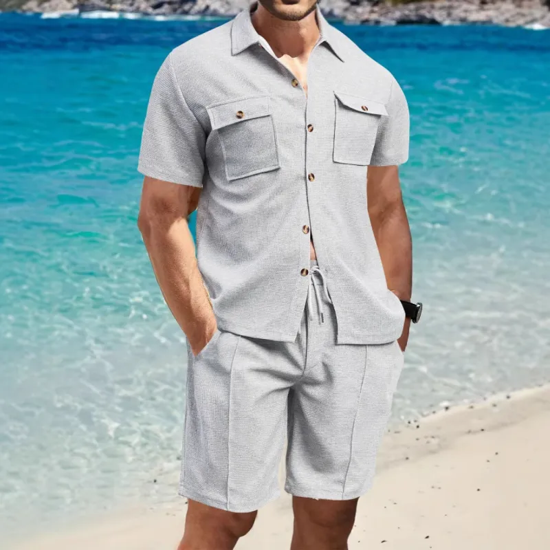 Men's Casual Waffle Lapel Chest Pocket Short Sleeve Shirt Elastic Waist Shorts Set 97455459M sold by Manly product image thumbnail 2