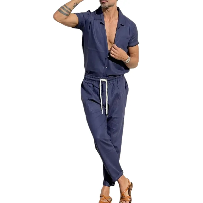 Men's Casual Cotton Cuban Collar Short Sleeve Shirt Elastic Waist Straight Leg Pants Set 00344073M sold by Manly