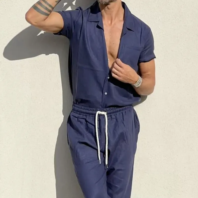 Men's Casual Cotton Cuban Collar Short Sleeve Shirt Elastic Waist Straight Leg Pants Set 00344073M sold by Manly product image thumbnail 3