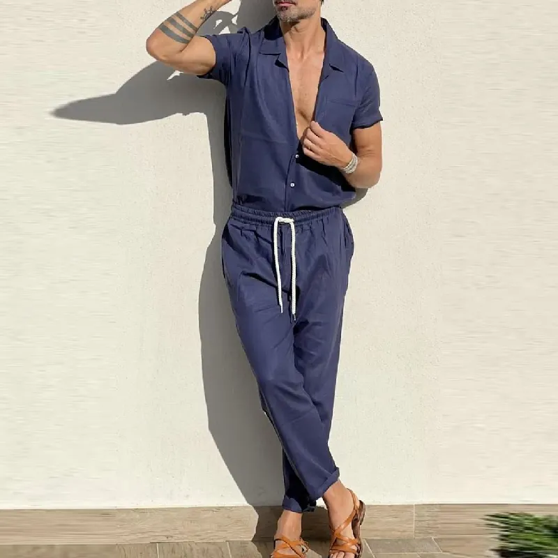 Men's Casual Cotton Cuban Collar Short Sleeve Shirt Elastic Waist Straight Leg Pants Set 00344073M sold by Manly product image thumbnail 2