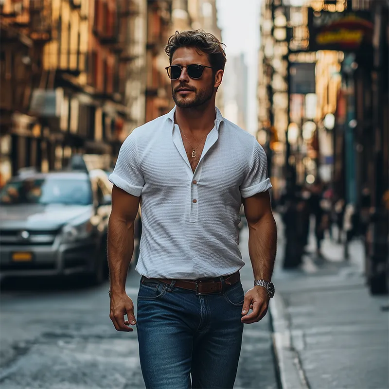 Men's Classic American Retro Casual Deep V-neck Short-sleeved Shirt 10693299K sold by Manly product image thumbnail 2