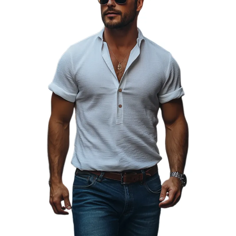 Men's Classic American Retro Casual Deep V-neck Short-sleeved Shirt 10693299K sold by Manly