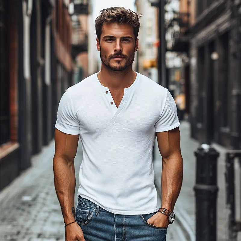 Men's Classic Casual Slim Fit Deep V Neck Button Short Sleeve T-Shirt 56609031K sold by Manly product image thumbnail 3