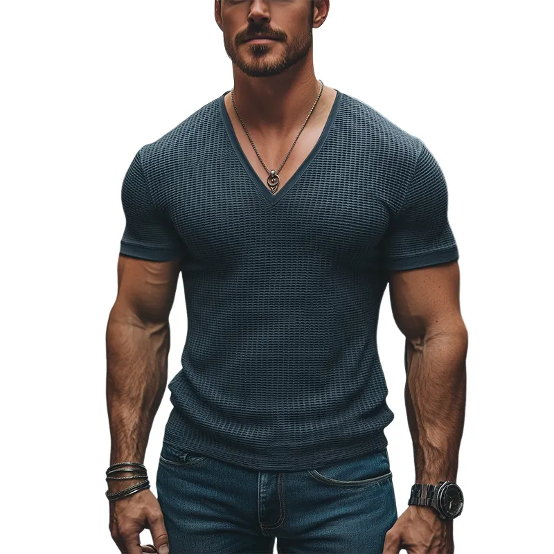 Men's Classic Casual Slim Fit Waffle Deep V Neck T-Shirt 05063707K sold by Manly