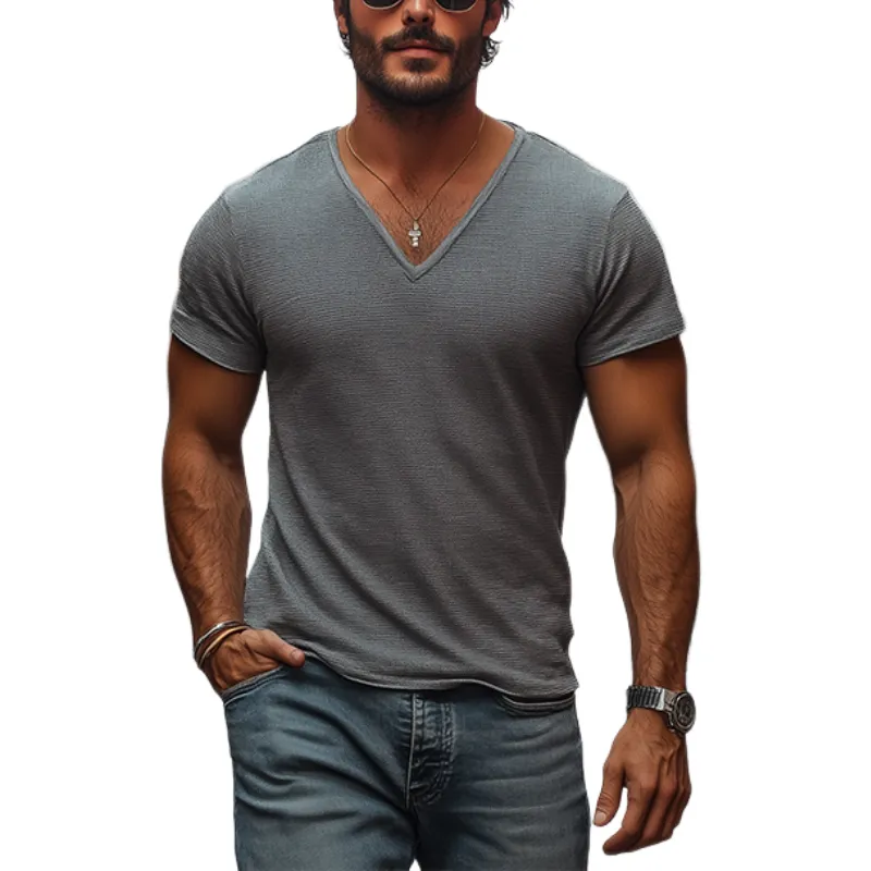 Men's Classic Casual Slim Fit Knit Deep V Neck T-Shirt 26090611K sold by Manly