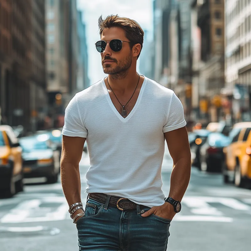 Men's Classic Casual Slim Fit Waffle Deep V Neck T-Shirt 33003434K sold by Manly product image thumbnail 2