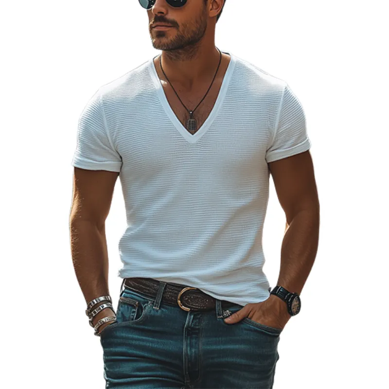 Men's Classic Casual Slim Fit Waffle Deep V Neck T-Shirt 33003434K sold by Manly
