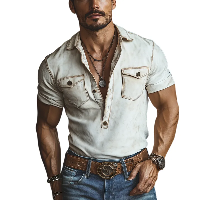 Men's Classic American Western Style Deep V-neck Slim Fit Suede POLO Shirt 62574870K sold by Manly