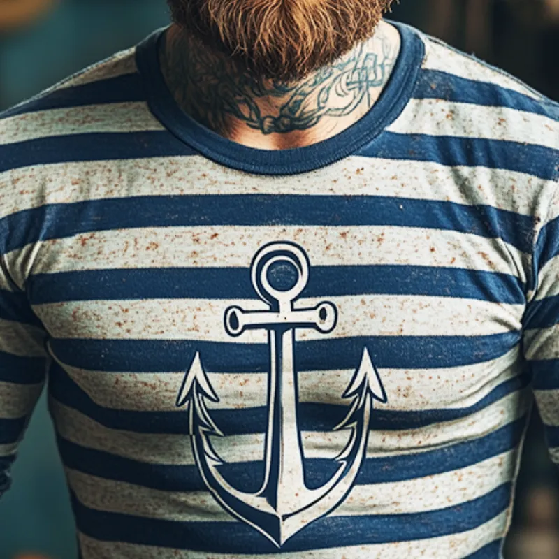 Men's Retro Casual Striped Nautical Printed Round Neck Long Sleeve T-Shirt 95478159TO sold by Manly product image thumbnail 3