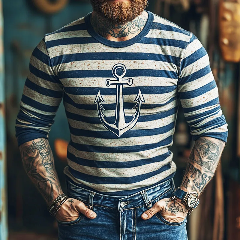 Men's Retro Casual Striped Nautical Printed Round Neck Long Sleeve T-Shirt 95478159TO sold by Manly product image thumbnail 2
