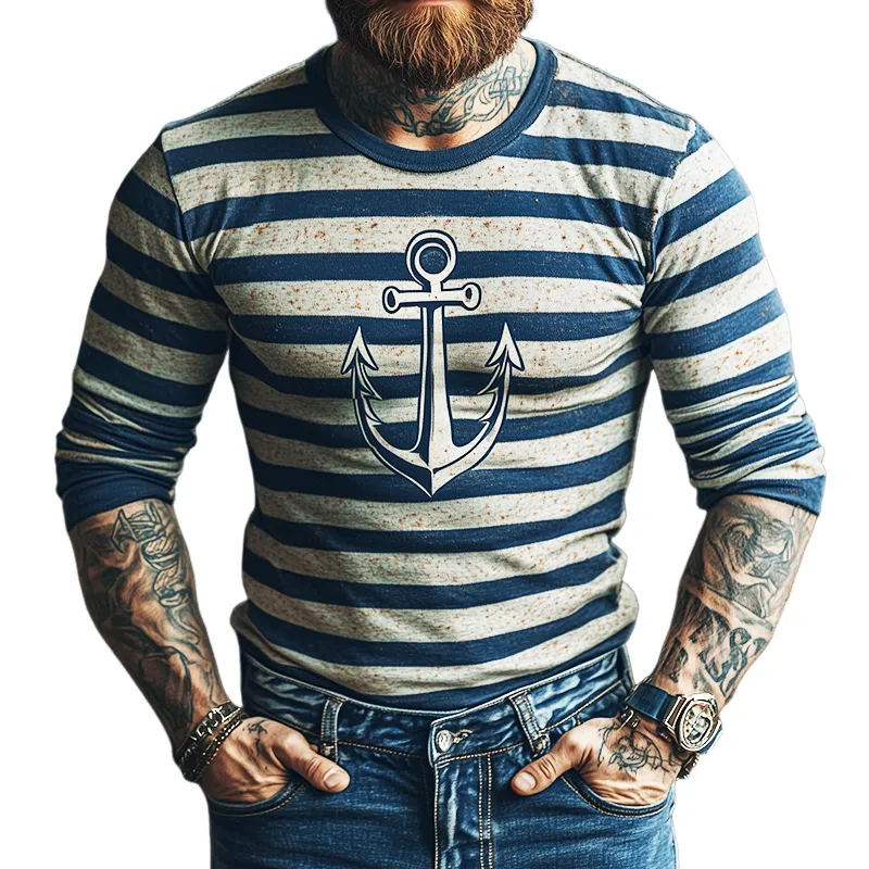Men's Retro Casual Striped Nautical Printed Round Neck Long Sleeve T-Shirt 95478159TO sold by Manly