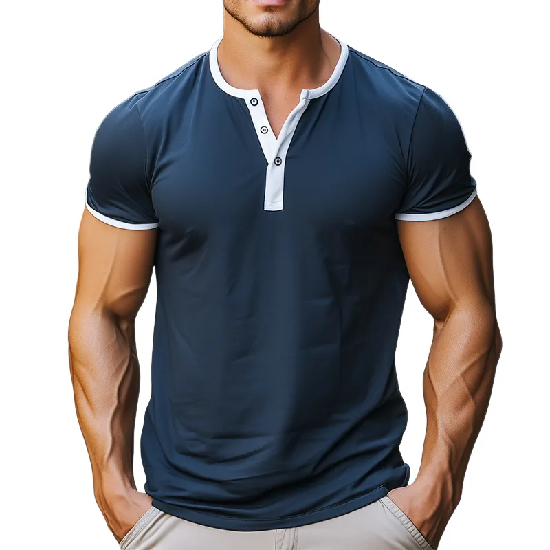 Men's Vintage Casual Cotton Colorblock Henley Collar Short Sleeve T-Shirt 92119622TO sold by Manly