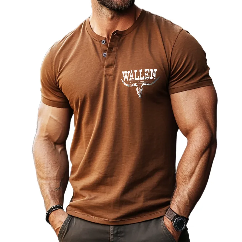 Men's Vintage Casual Western Henley Neck Short Sleeve T-Shirt 95662812TO sold by Manly