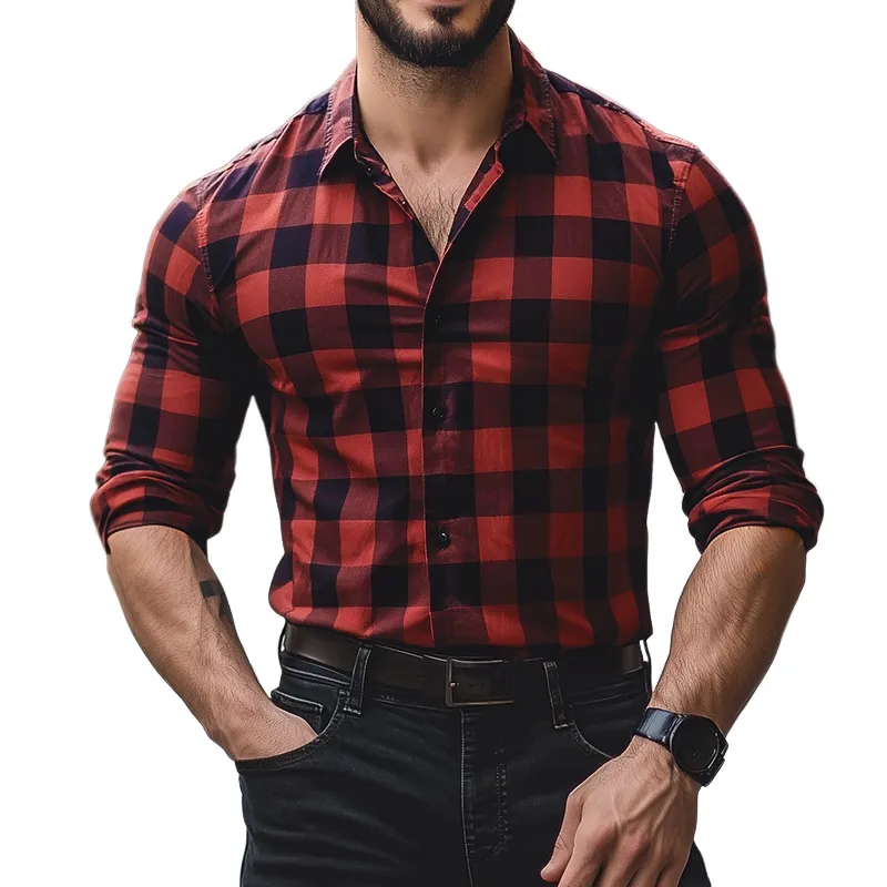 Men's Vintage Casual Plaid Western Cowboy Lapel Long Sleeve Shirt 09556929TO sold by Manly