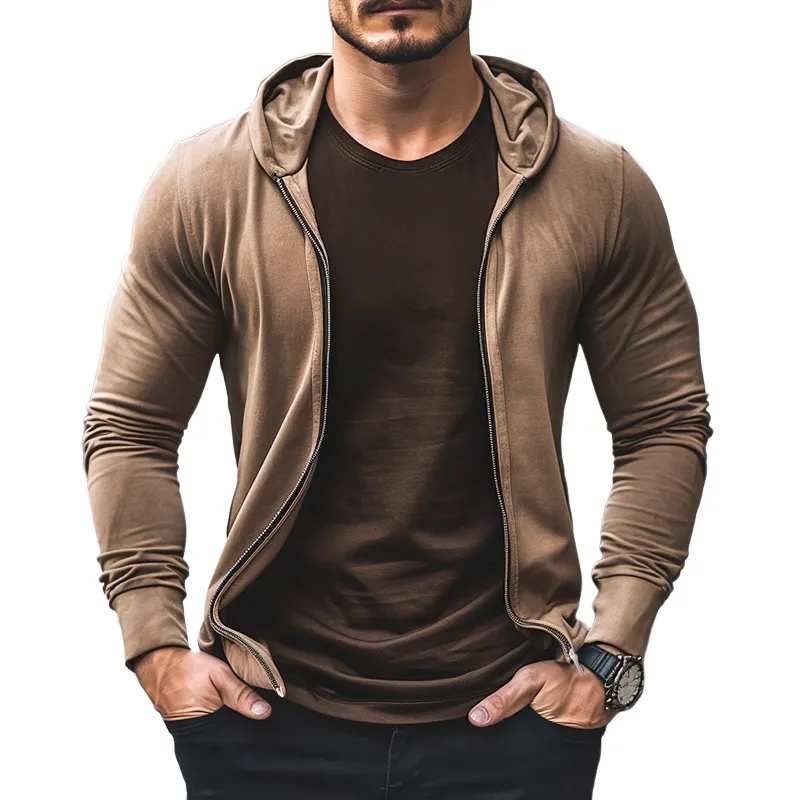 Men's Retro Casual Solid Color Slightly Stretch Zipper Hoodie 01407648TO sold by Manly