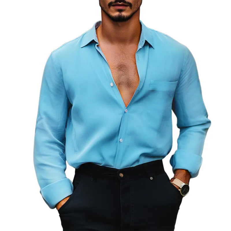 Men's Retro Casual Solid Color Chiffon Pocket Lapel Long Sleeve Shirt 80232594TO made by Manly
