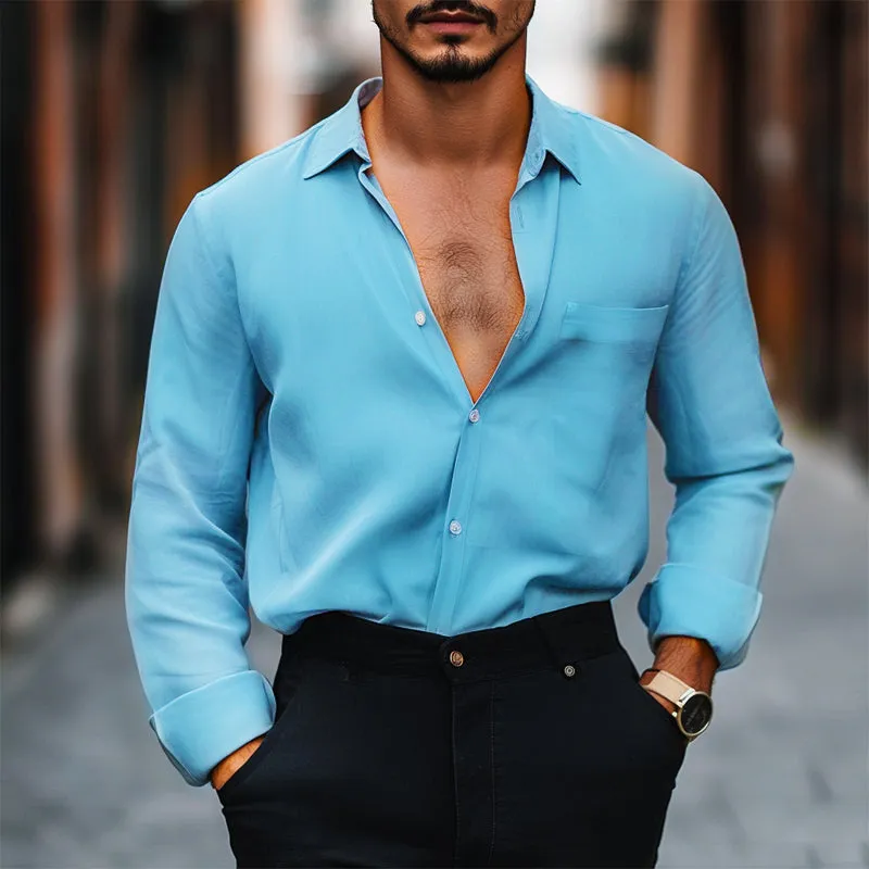 Men's Retro Casual Solid Color Chiffon Pocket Lapel Long Sleeve Shirt 80232594TO sold by Manly product image thumbnail 2