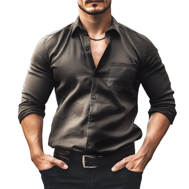 Men's Vintage Casual Distressed Pocket Lapel Long Sleeve Shirt 00055543TO sold by Manly