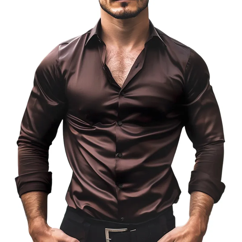 Men's Vintage Casual Solid Color Satin Lapel Long Sleeve Shirt 44562403TO sold by Manly