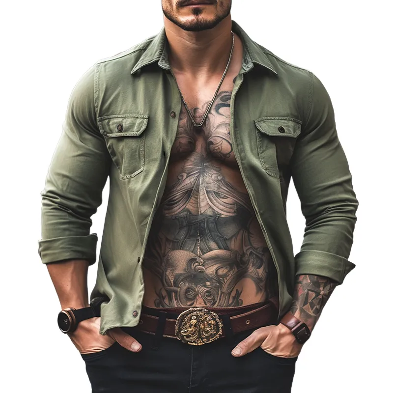 Men's Vintage Casual Distressed Pocket Lapel Long Sleeve Shirt 24857244TO sold by Manly